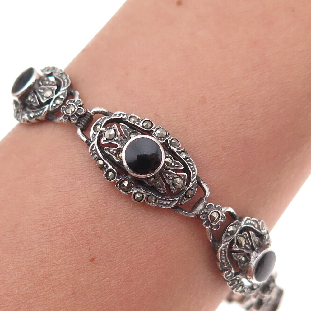 Chapal Zenray Sterling Silver Vintage Real Black Onyx & Marcasite Bracelet 6.75"